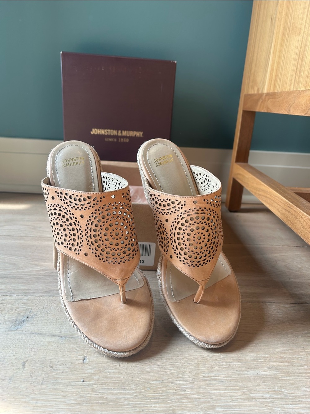 Johnston & Murphy Cognac Laser-Cut Leather Thong Wedge Sandals